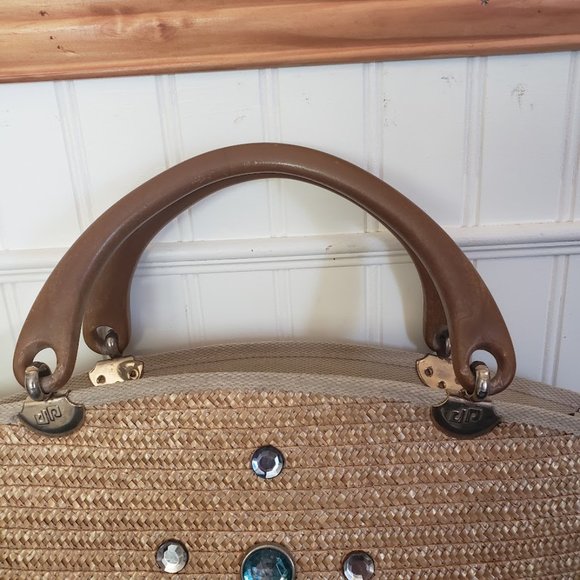Pier Giorgio Womens Bag Straw Wood Handles Rhinestone Crescent Zip Closure Italy - Picture 7 of 10